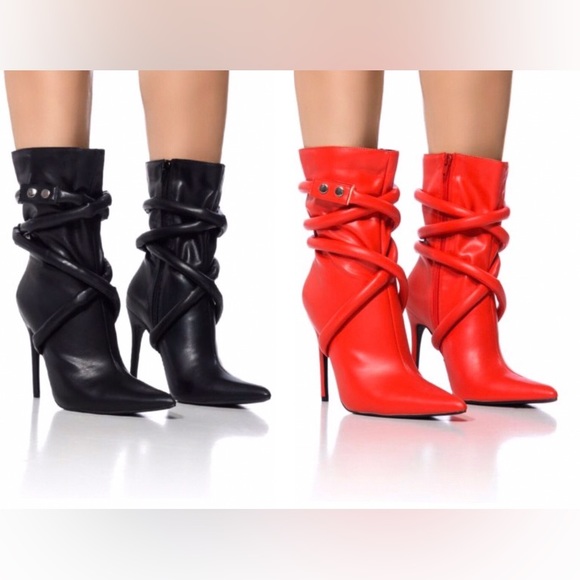 Faux leather bootie a pointed toe stiletto heel ropes that wrap-around the ankle - Picture 6 of 6